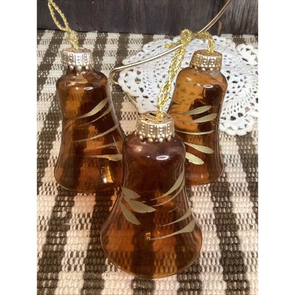 Vintage Blown Glass Bell Christmas Ornaments West Germany Brown & Gold Glitter - Picture 8 of 16